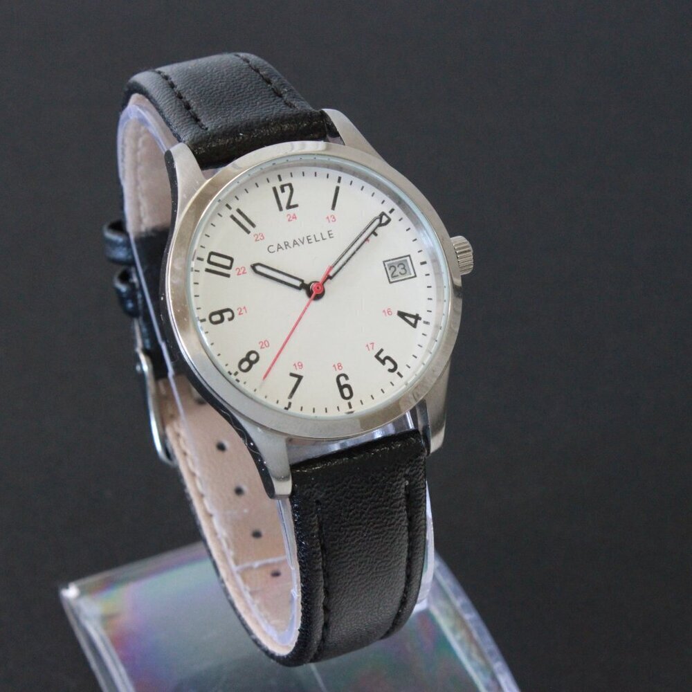 Caravelle Ladies Easy Reader By Bulova Black On White Dial Black Leather 30mm - Picture 2 of 10